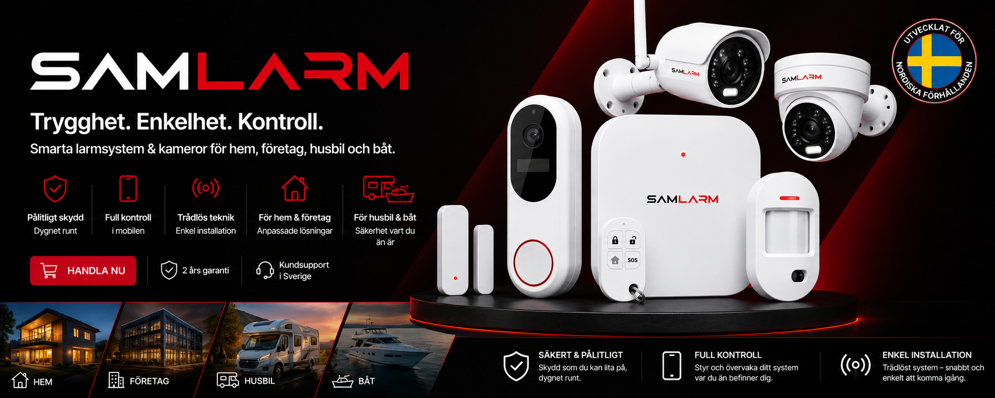 SAMLARM – Trygghet. Enkelhet. Kontroll. Smarta larmsystem och kameror för hem, företag, husbil och båt.