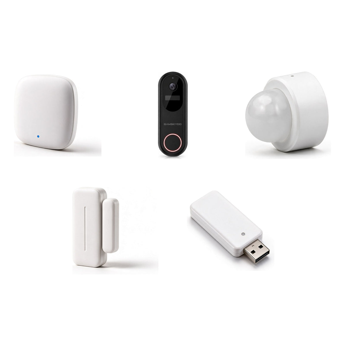 SAMLARM Startpaket – hub, videodörrklocka, rörelsesensor, dörrlarm och repeater
