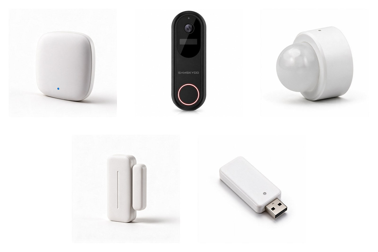 SAMLARM Startpaket – hub, videodörrklocka, rörelsesensor, dörrlarm och repeater